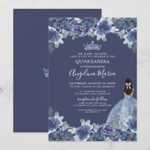 Navy Blue Floral Dress Quinceanera Invitation