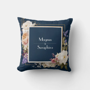 Navy Blue Floral Elegance with Peonies and Blossom Throw Pillow