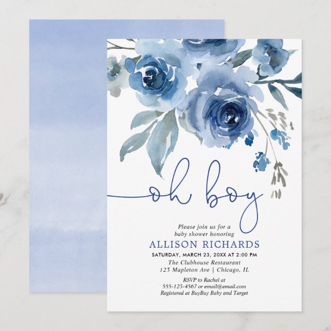 Navy blue floral elegant boy baby shower invitation (Front/Back)