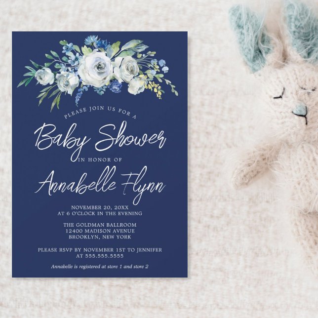 Navy Blue Floral Elegant Modern Boy Baby Shower Invitation (Creator Uploaded)