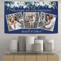 Navy Blue Floral Elegant Photo Collage Wedding
