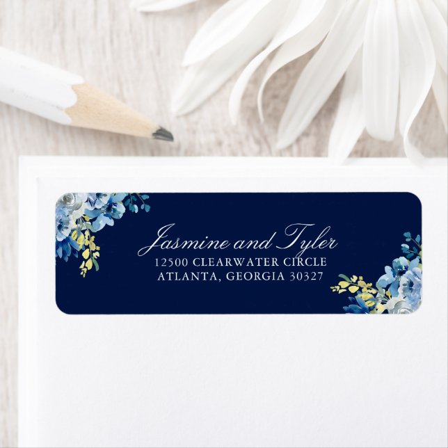 Navy Blue Floral Elegant Wedding Adresse de retour (En situation)