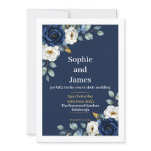 Navy Blue Floral Elegant Wedding Invitation