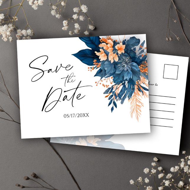 Navy Blue Floral Elegant Wedding Save The Date Announcement Postcard (Navy Blue Floral Elegant Wedding Save The Date Announcement Postcard)