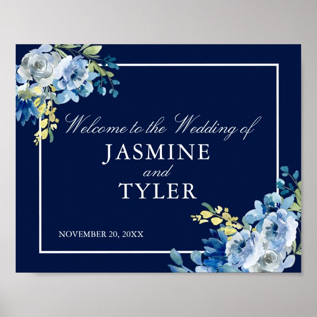 Navy Blue Floral Elegant Welcome to our Wedding Poster (Front)