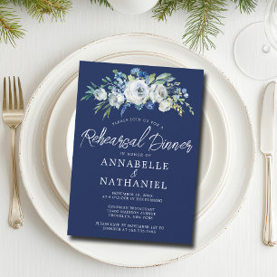 Navy Blue Floral Elegant Winter Rehearsal Dinner Invitation