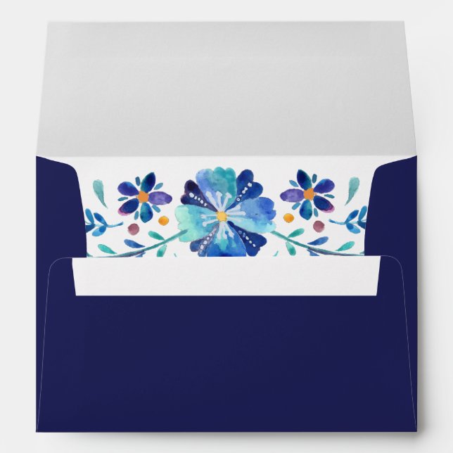 Navy Blue Floral Fiesta Wedding Envelope (Back (Bottom))