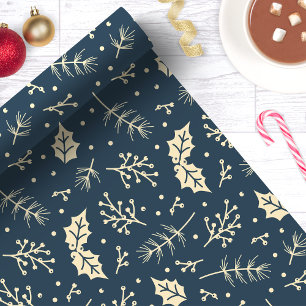 Navy Blue Floral Foliage Botanical Christmas Wrapping Paper
