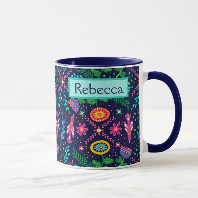 Navy Blue Floral Folk Art Custom Name Gift For Her Mug (Right)