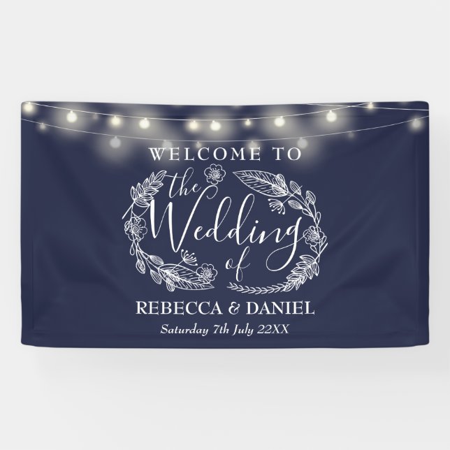 Navy Blue Floral Garland Script Wedding Banner (Horizontal)