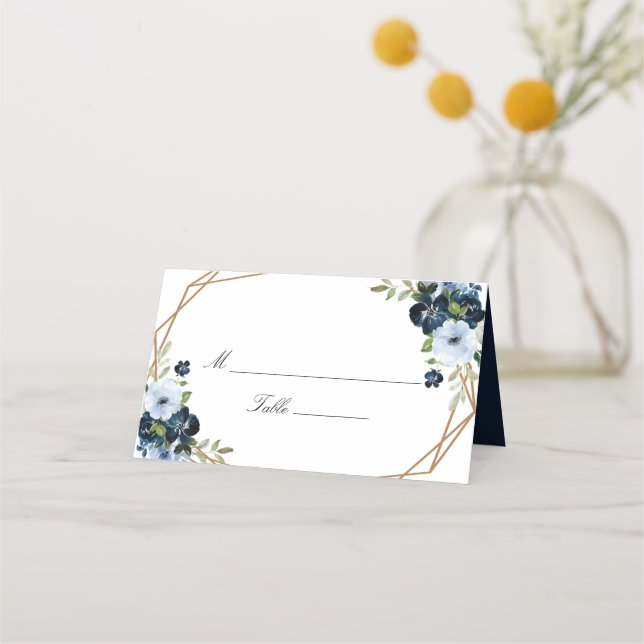 navy blue floral geometric wedding place card (Front)