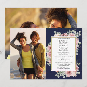 Navy Blue Floral Gold 2 Photos Wedding Invitation