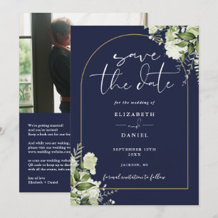 Navy Blue Floral Gold Arch Photo QR Code Wedding Save The Date