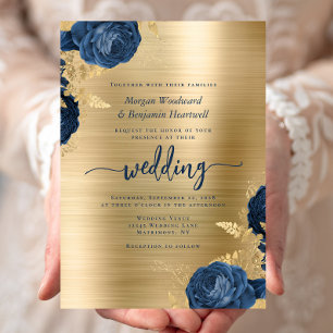 Navy Blue Floral Gold Brushed Metal Wedding Invitation