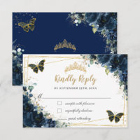 Navy Blue Floral Gold Butterfly Quinceañera Reply