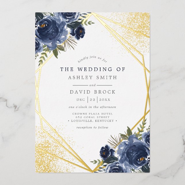 Navy Blue Floral Gold Geometric Modern Wedding (Front)