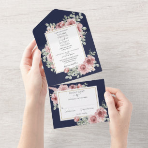 Navy Blue Floral Gold Geometric Wedding All In One Invitation