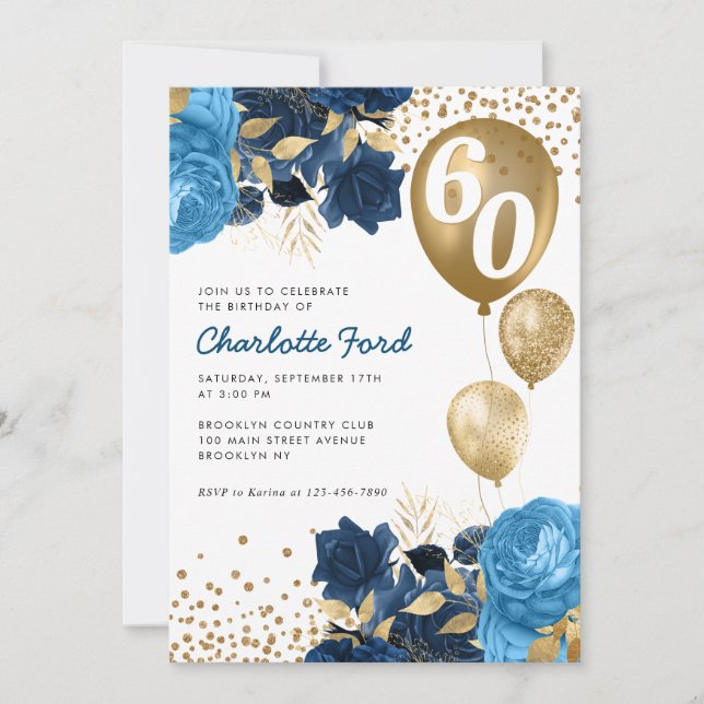 Navy Blue Floral Gold Glitter Balloons Birthday Invitation (Front)