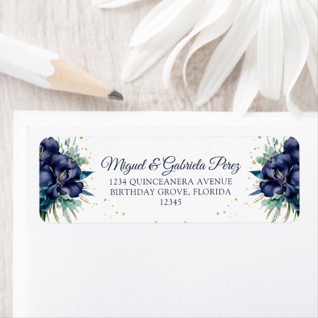 Navy Blue Floral Gold Glitter Return Address (Insitu)
