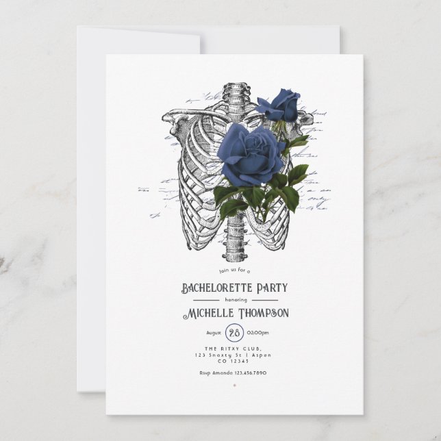 Navy Blue Floral Gothic Bachelorette Party Invitation (Front)