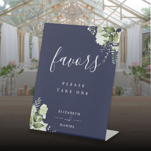 Navy Blue Floral Greenery Favors Table Pedestal Sign