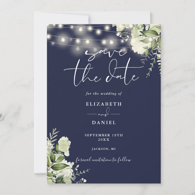 Navy Blue Floral Greenery String Lights Wedding Save The Date (Front)