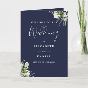 Navy Blue Floral Greenery Wedding  Program