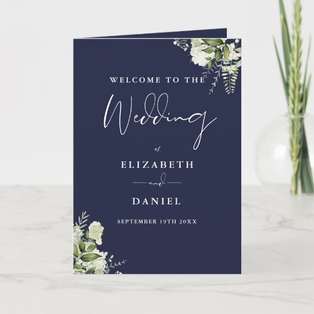Navy Blue Floral Greenery Wedding  Program (Front)
