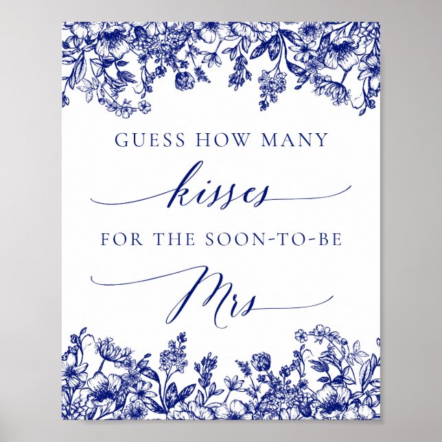 Navy Blue Floral Guess How Many Kisses Bridal Sign (Front)