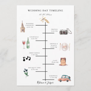 Navy Blue Floral Illustrated Wedding Timeline Program