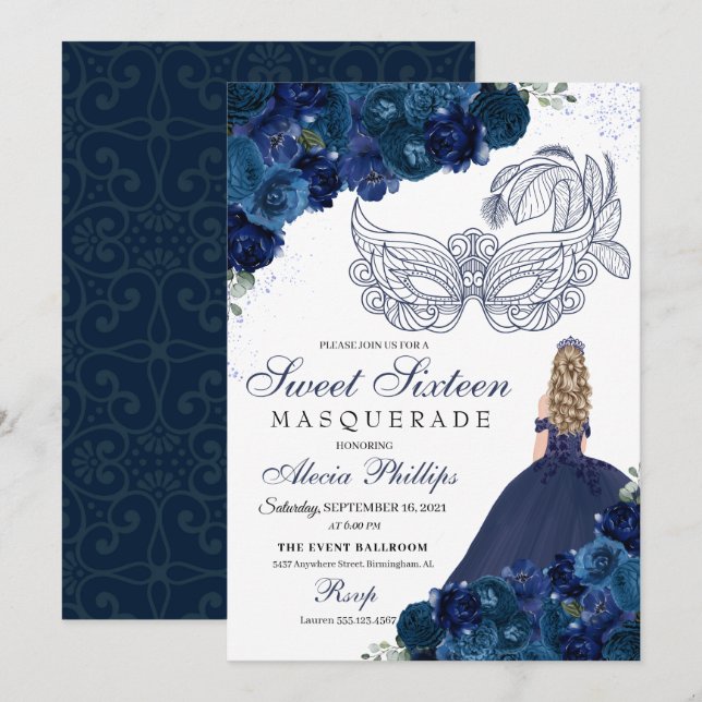 Navy Blue Floral Masquerade Sweet 16 Invitation (Front/Back)