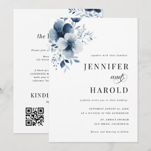 Navy Blue Floral Minimal Plain All in One Wedding Invitation