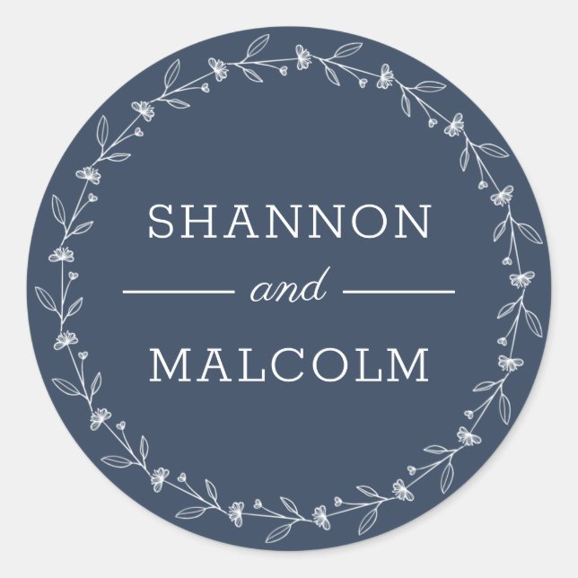 Navy Blue Floral Minimalist Wedding Envelope Seal (Front)