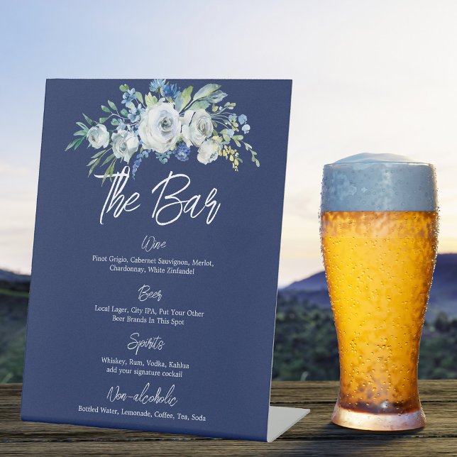 Navy Blue Floral Modern Winter Wedding Bar Menu Pedestal Sign (Creator Uploaded)