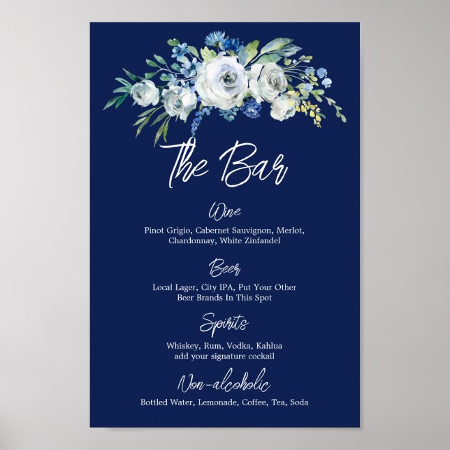 Navy Blue Floral Modern Winter Wedding Bar Menu Poster (Front)