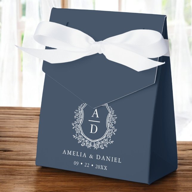 Navy Blue Floral Monogram Wedding Crest Modern Favor Box (Creator Uploaded)