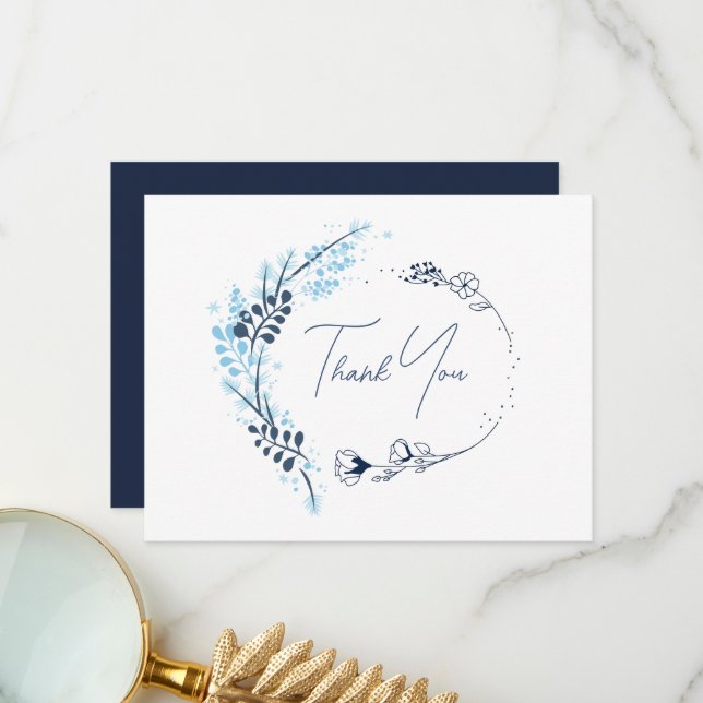 Navy Blue Floral Monogram Wedding Thank You Card (Front/Back In Situ)