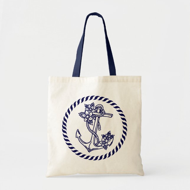 Navy Blue Floral Nautical Anchor And Wreath Tote Bag (Front)