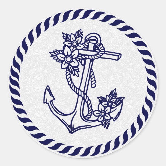 Navy Blue Floral Nautical Anchor & Wreath Classic Round Sticker (Front)