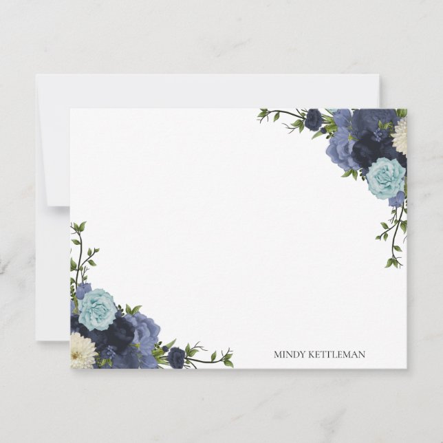 Navy Blue Floral Personalize and Monogram Note Car Card (Front)