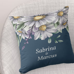 Navy Blue Floral Personalized Wedding  Throw Pillow