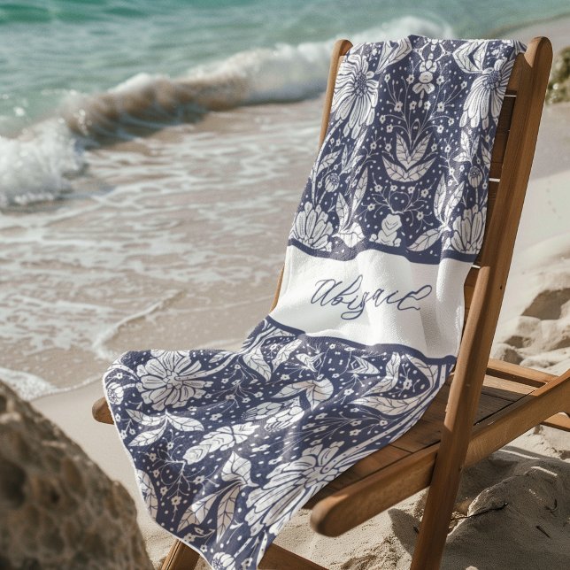Navy Blue Floral Personalized William Morris Style Beach Towel (Creator Uploaded)