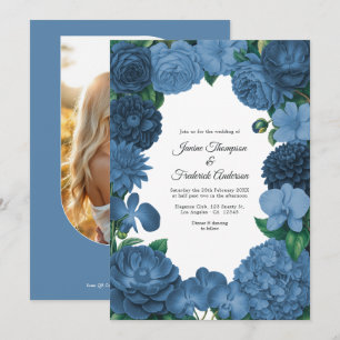 Navy Blue Floral Photo and QR Code Wedding Invitation