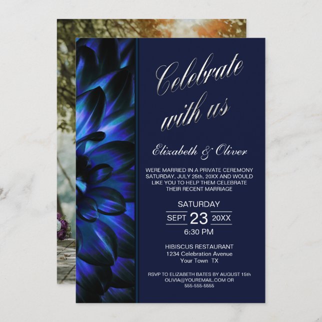 Navy Blue Floral Photo Wedding Reception Invitation (Front/Back)