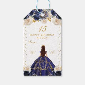Navy Blue Floral Princess Happy Birthday Gift Tags