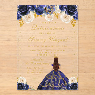 Navy Blue Floral Princess Quinceañera Acrylic Invitations