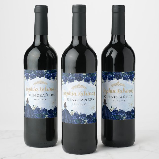 Navy Blue Floral Princess Quinceanera Birthday Wine Label (Bottles)