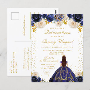 Navy Blue Floral Princess Quinceañera Postcard