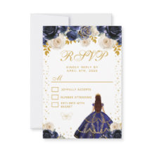 Navy Blue Floral Princess Quinceañera