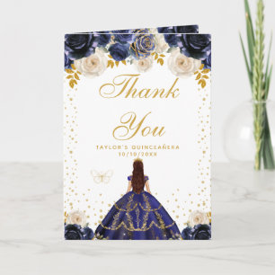 Navy Blue Floral Princess Quinceañera Thank You Card